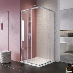 Cabine de Douche SIRHONA 76x76x185cm Double Porte Coulissante + Entrée d'angle + Verre trempé 6 mm + Argent Brillant