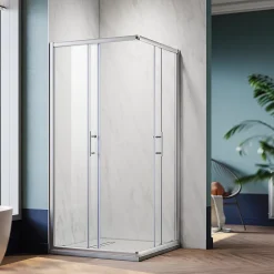 Cabine de Douche SIRHONA 90x90x185cm Porte Coulissante Double + Entrée d'angle + Verre trempé 6 mm + Argent Brillant