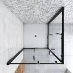 Cabine de douche 80x80x200cm accès d'angle - Noir Mat , noire porte de douche coulissante, en 6mm verre anticalcaire,