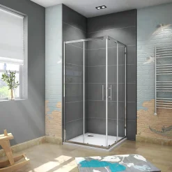 Cabine de douche 90x90x185cm accès d'angle - Chromée , porte de douche coulissante, en 6mm verre anticalcaire