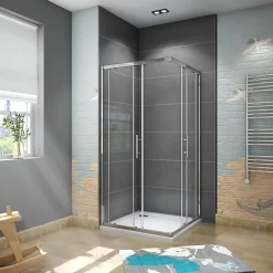 Cabine de douche 90x90x185cm accès d'angle - Chromée , porte de douche coulissante, en 6mm verre anticalcaire