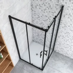Cabine de douche 90x90x200cm accès d'angle - Noir Mat , noire porte de douche coulissante, en 6mm verre anticalcaire