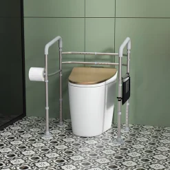 Cadre de sécurité de toilettes - cadre de toilettes réglable - barres d'appui rembourrées pour toilettes - alu. EVA gris
