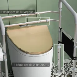 Cadre de sécurité de toilettes - cadre de toilettes réglable - barres d'appui rembourrées pour toilettes - alu. EVA gris