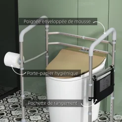 Cadre de sécurité de toilettes - cadre de toilettes réglable - barres d'appui rembourrées pour toilettes - alu. EVA gris