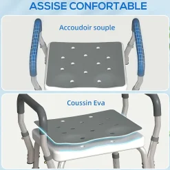Chaise de douche tabouret de douche antidérapant - hauteur réglable, accoudoirs - alu HDPE gris