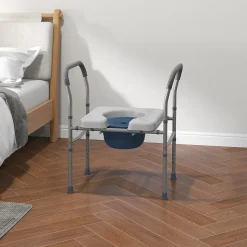 Chaise percée - Chaise de douche percée - hauteur réglable, seau amovible pliable - antidérapante - alu PVC gris
