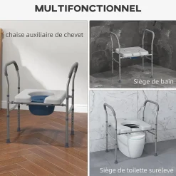 Chaise percée - Chaise de douche percée - hauteur réglable, seau amovible pliable - antidérapante - alu PVC gris