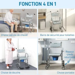 Chaise percée médicale à roulettes - repose-pieds, dossier, accoudoirs, pot amovible, support papier - alu blanc HDPE gris
