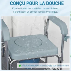 Chaise percée médicale à roulettes - repose-pieds, dossier, accoudoirs, pot amovible, support papier - alu blanc HDPE gris