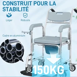 Chaise percée médicale à roulettes - repose-pieds, dossier, accoudoirs, pot amovible, support papier - alu blanc HDPE gris