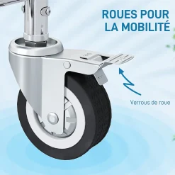 Chaise percée médicale à roulettes - repose-pieds, dossier, accoudoirs, pot amovible, support papier - alu blanc HDPE gris