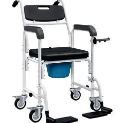 Chaise percée médicale à roulettes - repose-pieds, dossier, accoudoirs, pot amovible, support papier - alu blanc HDPE noir
