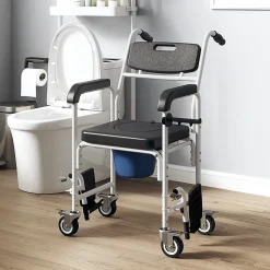 Chaise percée médicale à roulettes - repose-pieds, dossier, accoudoirs, pot amovible, support papier - alu blanc HDPE noir