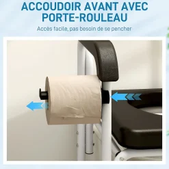 Chaise percée médicale à roulettes - repose-pieds, dossier, accoudoirs, pot amovible, support papier - alu blanc HDPE noir