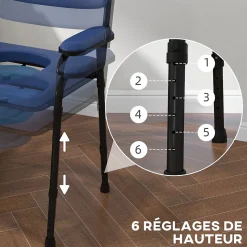 Chaise percée réglable - chaise de toilette - seau amovible, coussin, accoudoirs - acier noir PVC bleu