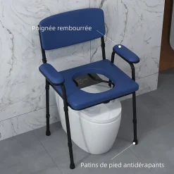 Chaise percée réglable - chaise de toilette - seau amovible, coussin, accoudoirs - acier noir PVC bleu