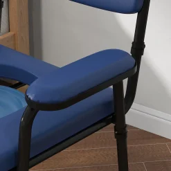 Chaise percée réglable - chaise de toilette - seau amovible, coussin, accoudoirs - acier noir PVC bleu