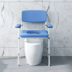 Chaise percée réglable - chaise de toilette - seau amovible, coussin, accoudoirs - acier blanc PVC bleu