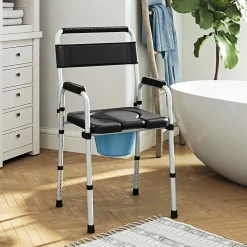 Chaise percée toilette pliable hauteur réglable - seau amovible - siège, accoudoirs rembourrés - max. 150 Kg - acier gris noir