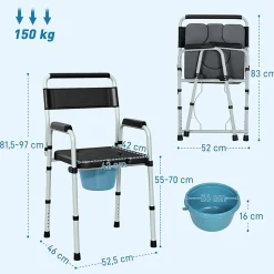 Chaise percée toilette pliable hauteur réglable - seau amovible - siège, accoudoirs rembourrés - max. 150 Kg - acier gris noir