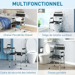 Chaise percée toilette pliable hauteur réglable - seau amovible - siège, accoudoirs rembourrés - max. 150 Kg - acier gris noir