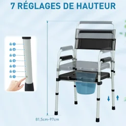 Chaise percée toilette pliable hauteur réglable - seau amovible - siège, accoudoirs rembourrés - max. 150 Kg - acier gris noir