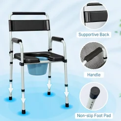 Chaise percée toilette pliable hauteur réglable - seau amovible - siège, accoudoirs rembourrés - max. 150 Kg - acier gris noir