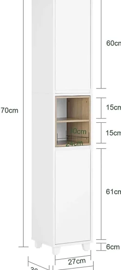 Colonne Armoire Salle de Bain étagère étroite 2 Portes 2 Compartiments, BZR147-W, SoBuy