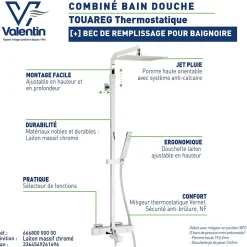 Colonne bain douche thermostatique avec pomme de tête, douchette et flexible, chrome, Valentin Touareg