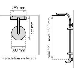 Colonne bain douche thermostatique avec tablette, pomme de tête ronde, douchette et flexible, chrome, Valentin Opium