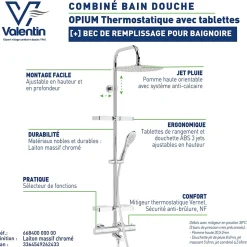Colonne bain douche thermostatique avec tablette, pomme de tête ronde, douchette et flexible, chrome, Valentin Opium