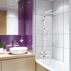 Colonne bain douche thermostatique avec tablettes, pomme de tête, douchette et flexible, chrome, Valentin Touareg