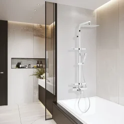 Colonne bain douche thermostatique avec tablettes, pomme de tête, douchette et flexible, chrome, Valentin Touareg