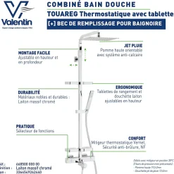 Colonne bain douche thermostatique avec tablettes, pomme de tête, douchette et flexible, chrome, Valentin Touareg