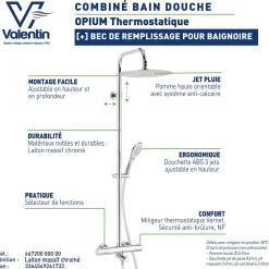 Colonne bain douche thermostatique anti-brûlure avec pomme de tête, douchette et flexible, chrome, Valentin Opium