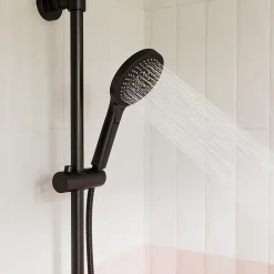 Colonne de bain/douche thermostatique avec pommeau, douchette 3 jets, flexible, barre réglable, noir, GoodHome Anika