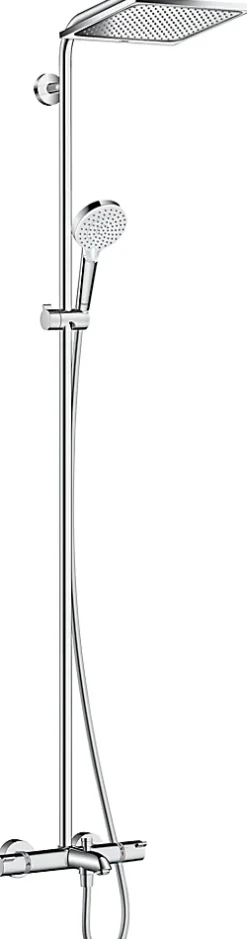 Colonne de bain/douche thermostatique avec pommeau + douchette 2 jets + flexible + barre réglable, chrome, Hansgrohe Crometta E