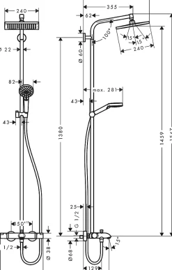 Colonne de bain/douche thermostatique avec pommeau + douchette 2 jets + flexible + barre réglable, chrome, Hansgrohe Crometta E
