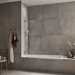 Colonne de bain/douche thermostatique avec pommeau + douchette 2 jets + flexible + barre réglable, chrome, Hansgrohe Crometta E