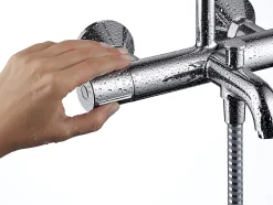 Colonne de bain/douche thermostatique avec pommeau + douchette 2 jets + flexible + barre réglable, chrome, Hansgrohe Vernis Shape