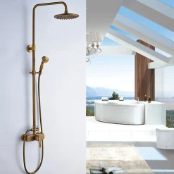 Colonne de Douche avec Robinetterie , Auralum max Ensemble de Douche avec pommeau + douchette + barre réglable, bronze brossé