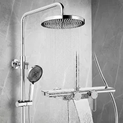 Colonne de Douche Chromée avec Étagère 40 cm, Douchette à Main 5 Modes, Effet Cascade et Rangement Pratique