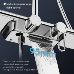 Colonne de Douche Chromée avec Étagère 40 cm, Douchette à Main 5 Modes, Effet Cascade et Rangement Pratique