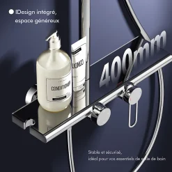 Colonne de Douche Chromée avec Étagère 40 cm, Douchette à Main 5 Modes, Effet Cascade et Rangement Pratique