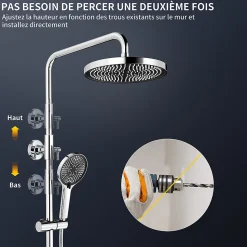Colonne de Douche Chromée avec Étagère 40 cm, Douchette à Main 5 Modes, Effet Cascade et Rangement Pratique