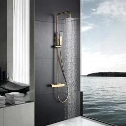 Colonne de douche ELAN Thermostatique Or brosséChroméNoir matCanon de fusilOr brosséBlanc mat couleur Or brossé largeur