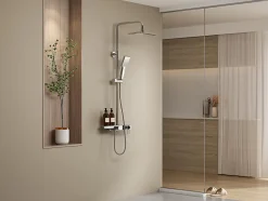 Colonne de douche en acier inoxydable avec tablette - Brush nickel - Hauteur réglable - JIZEO