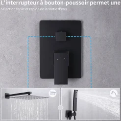 Colonne de Douche Encastrée Ensemble de Douche Mécanique avec Grande Tête Carrée 12 pouces, Système de Douche Encastrable Noir