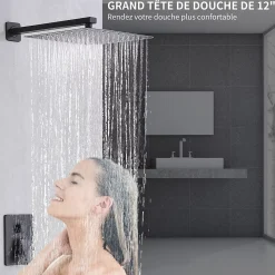 Colonne de Douche Encastrée Ensemble de Douche Mécanique avec Grande Tête Carrée 12 pouces, Système de Douche Encastrable Noir